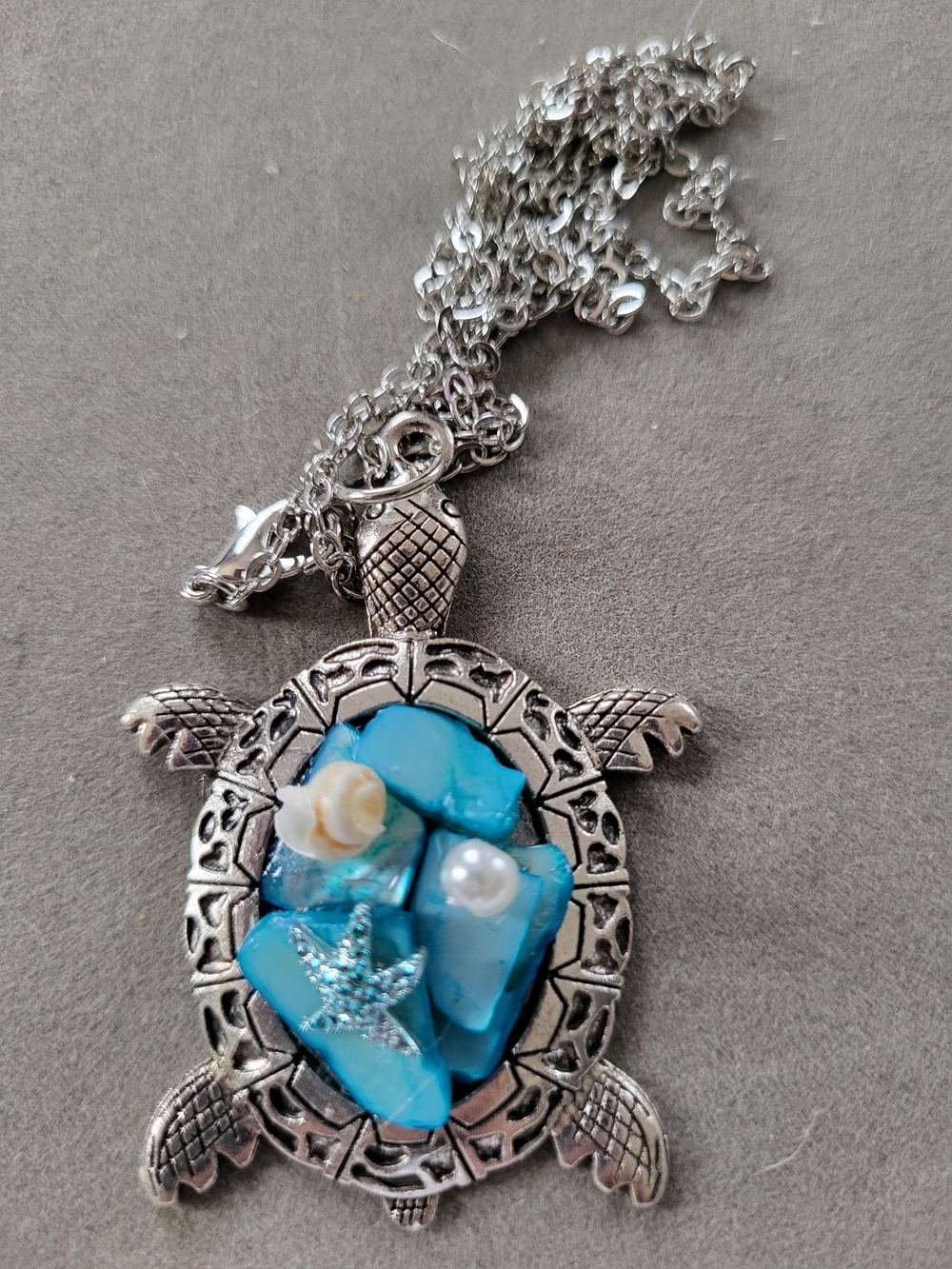 Silver Toned Turtle Necklace with Turquoise Abalone Accents